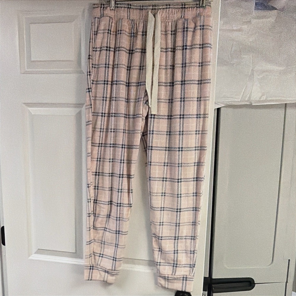 Jaclyn Intimates Pink Plaid Fleece Pajama Jogger Pants Womens‎ Large Drawstring